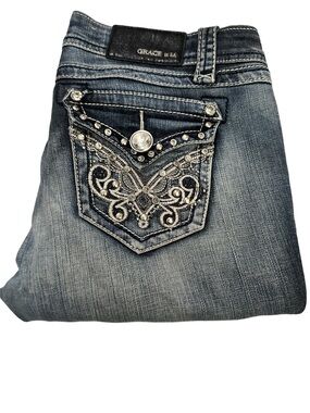 Grace in LA Women's Embellished Pockets Boot Cut Jeans Faded Blue Denim Size 28